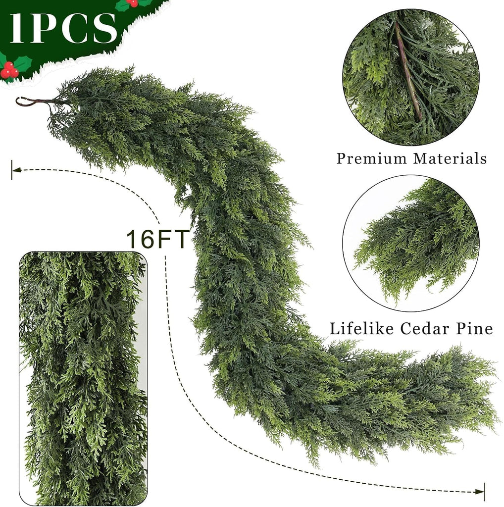 16FT 1Pcs Lifelike Touch Artificial Christmas Cedar Garland for Stair Decor