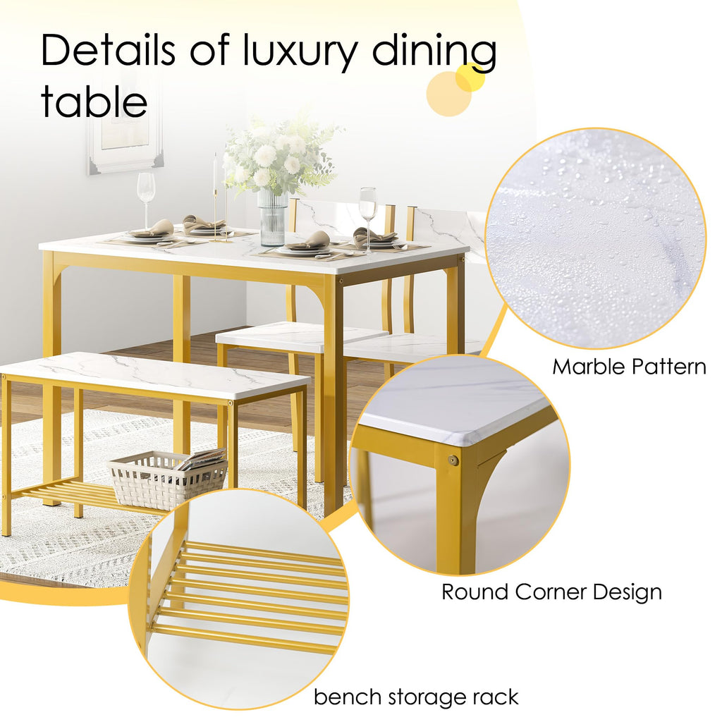 Dining Table Set for 4, Kitchen Dining Table Set with 2 Chairs and 1 Bench, 4-Piece Kitchen Table Set Restaurant