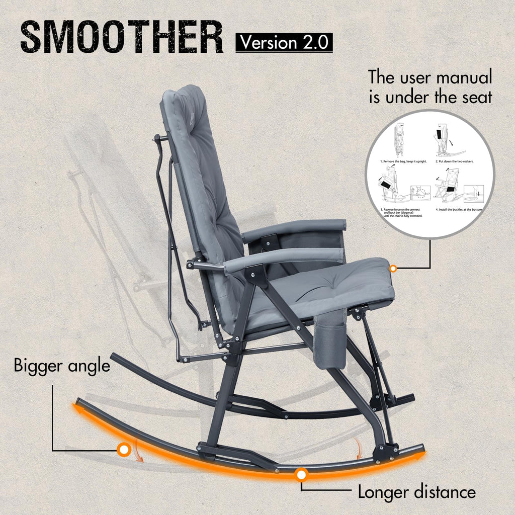 Oversized Padded Folding Rocking Camping Chair Outdoor 400 LBS Gray