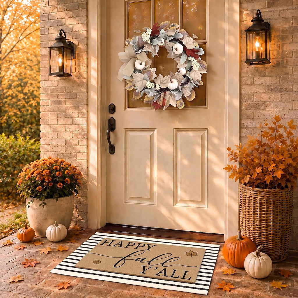 Front Door Mat Wreath Set, 3 Pcs, for Porch, 29.9'', Fall Leaf | Leaf Pumpkin Black Farmhouse Faux Coir Doormat