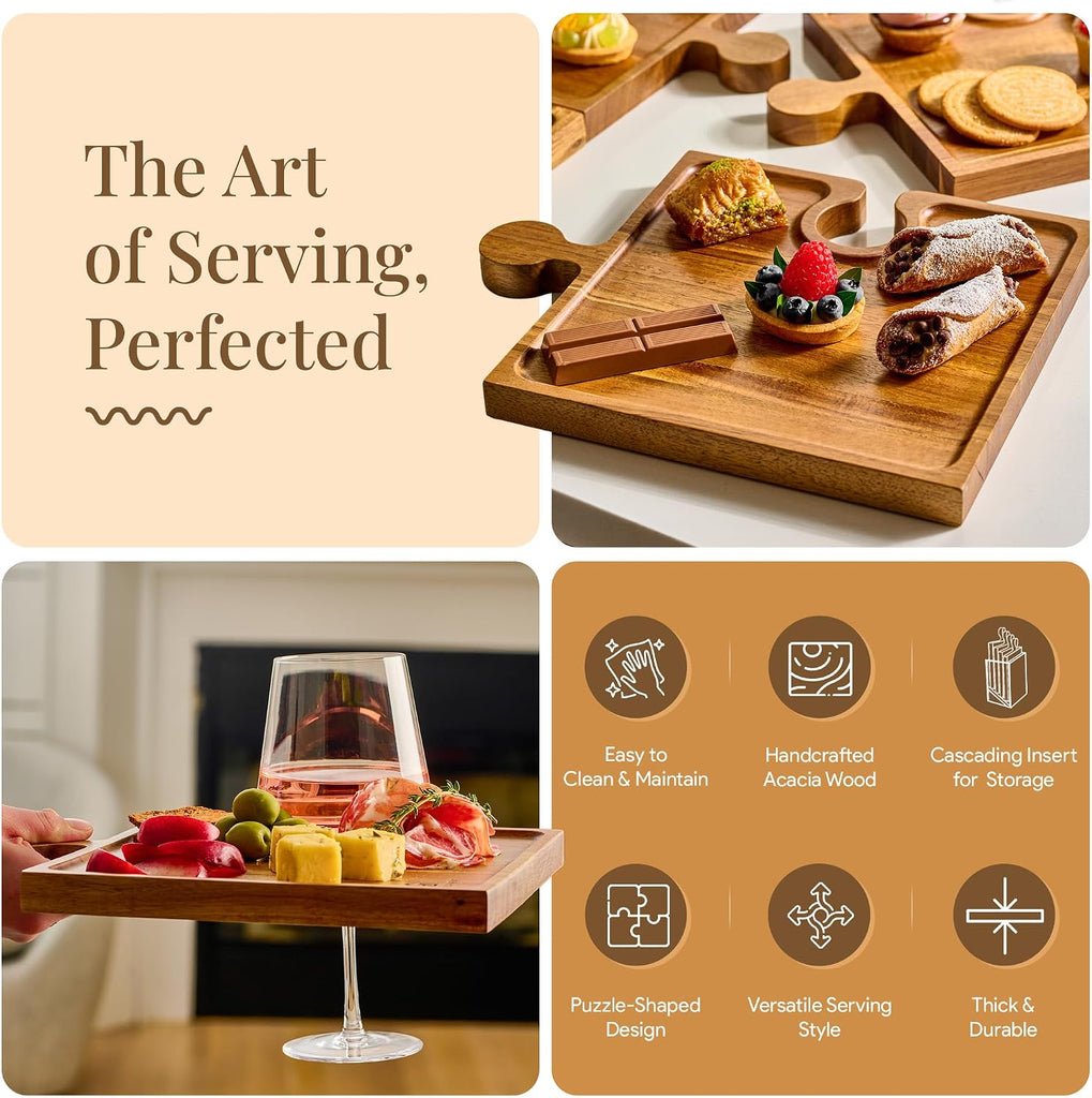 Wooden Charcuterie Boards, Appetizer Tray for Parties & Cutting Board with Handle, Set of 4, Acacia Wood Board, Wine