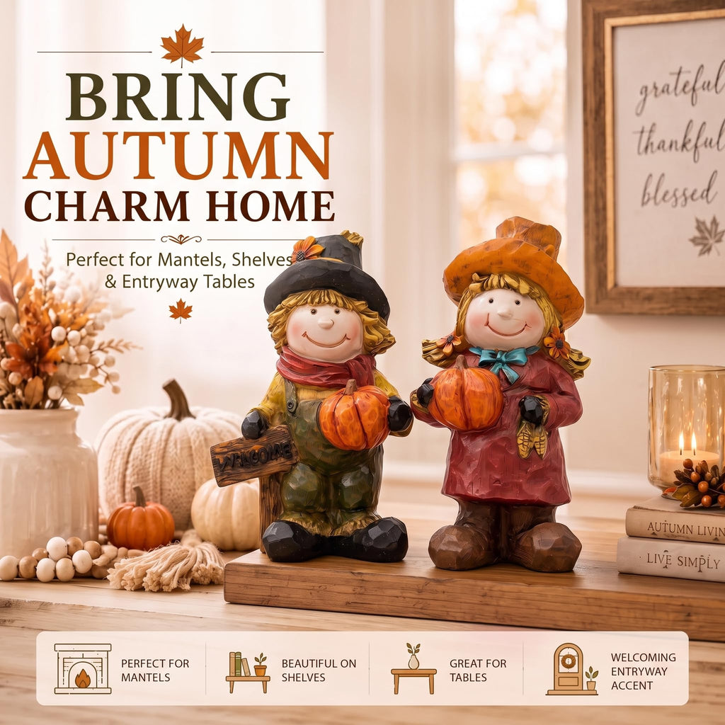 Fall Scarecrow Figurines Set of 2, Thanksgiving Pumpkin Decor