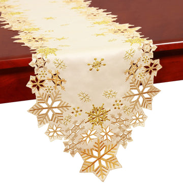 Embroidered Gold Snowflakes Table Runners for Christmas Holiday and Winter (Gold, 14×54 inches)