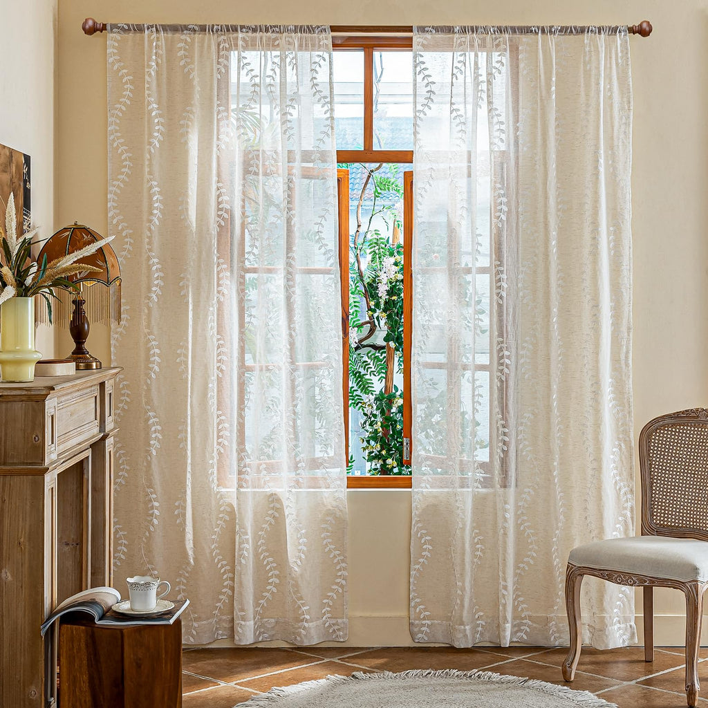 2 Panels Linen Leaf String Floral Embroidered Semi Sheer Curtain Farmhouse Voile Curtains Bedroom Window Treatment