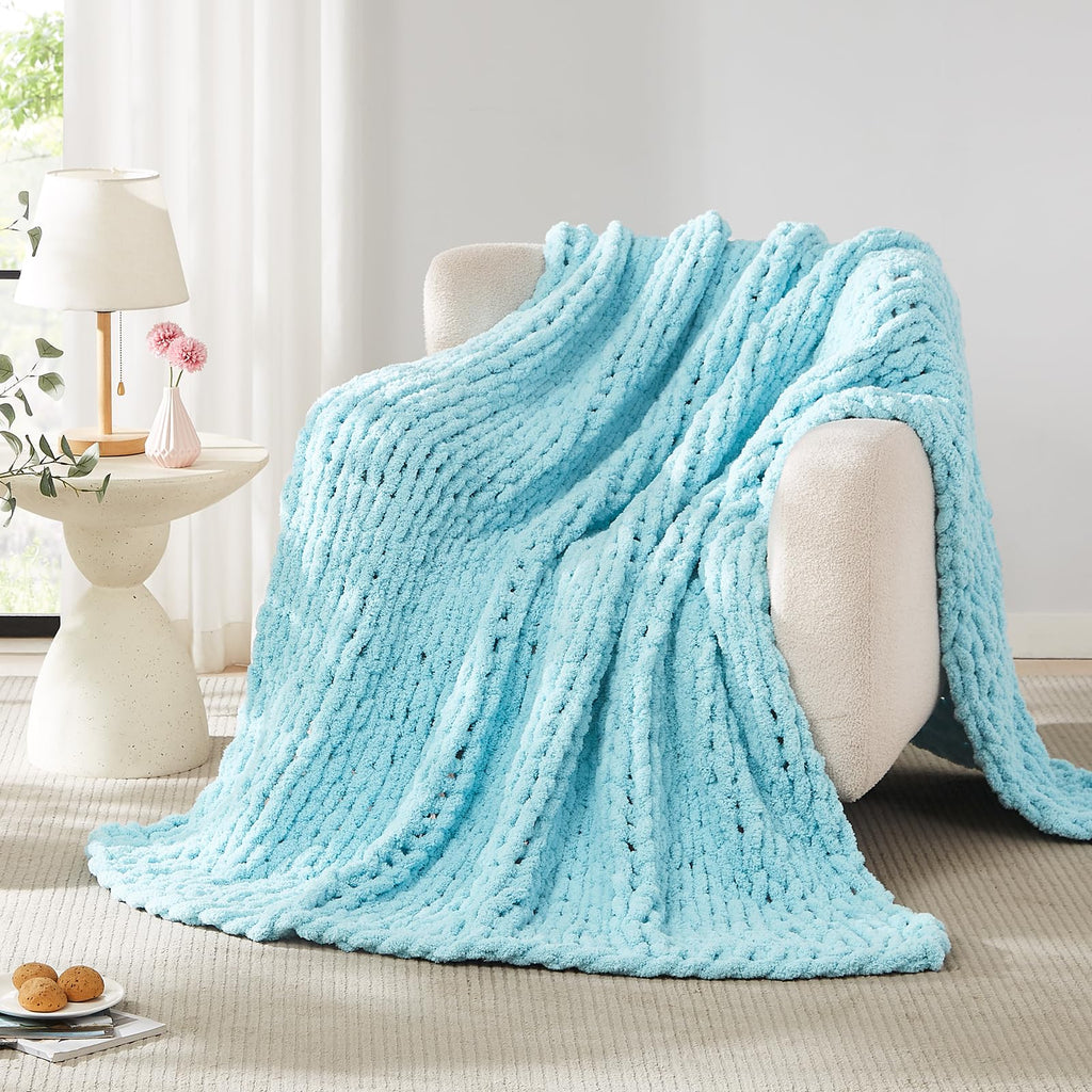 Chenille Chunky Knit Blanket, Light Blue, 50x60, Heavyweight Throw Blanket Decor