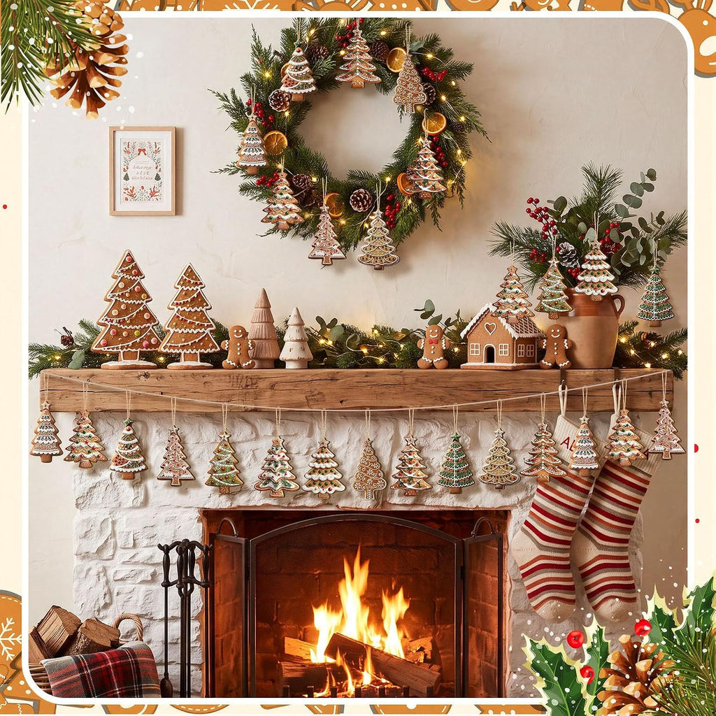 Christmas Gingerbread Tree Ornaments Set Wooden Christmas Hanging Decoration Green Xmas Tree Crafts Indoor - Set of 36