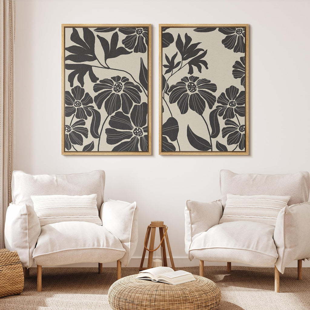 Framed Canvas Print Wall Art Monochrome Floral Botanical Black and White Illustrations Modern Art Decorative Bohemian