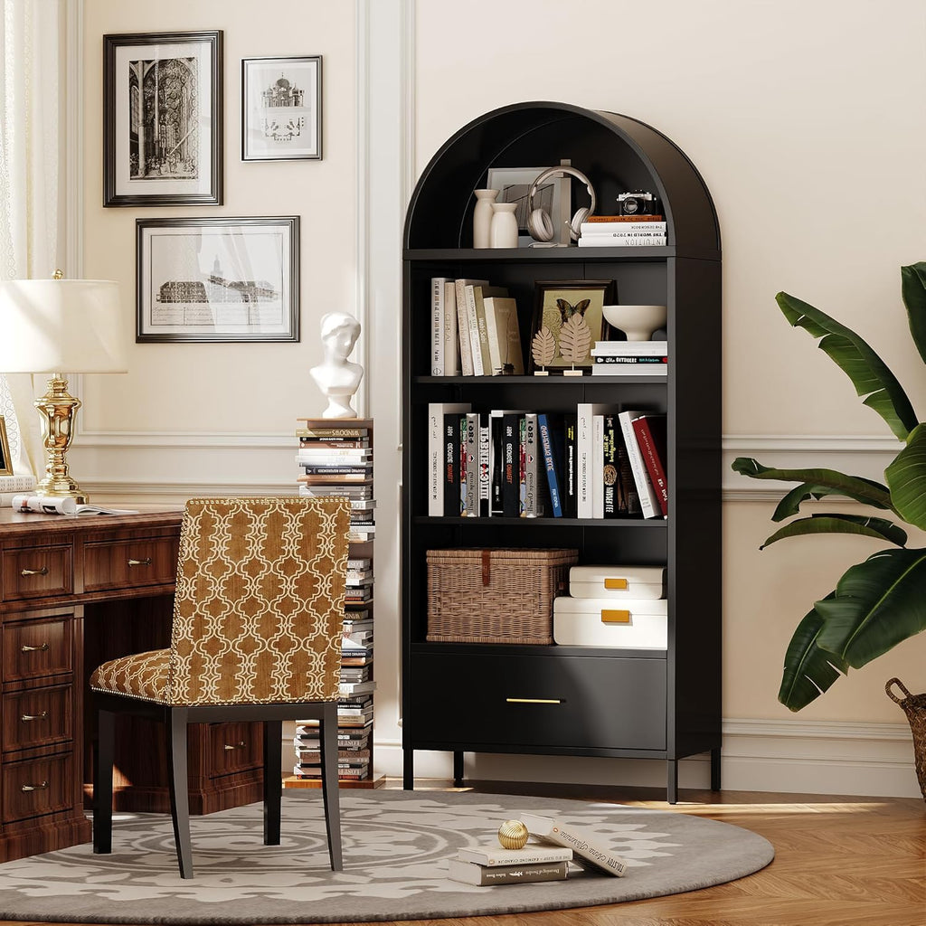 73" Tall Arched Bookcase with Drawer, Metal Arched Cabinet with 2 Adjustable Shelves, Open Display Shelf