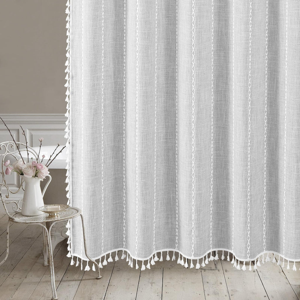Farmhouse Tassel Linen Shower Curtain, 3D Embroidery Stripe Light Grey, 72x96