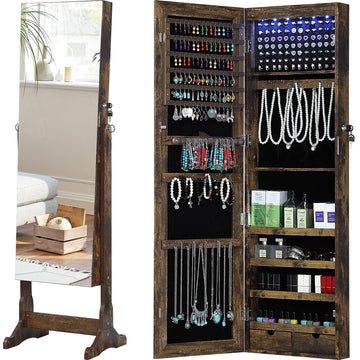 Jewelry Organizer Full Length Mirror Jewelry Cabinet Standing/Wall Mounted Jewelry Armoire Storage with Lights