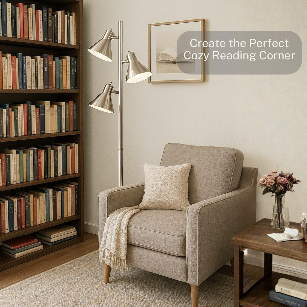 Tree Floor Lamp, Brushed Nickel - Modern Pole Lamp with 3 Adjustable Reading Lights - 64 inch Stand Lamp Room