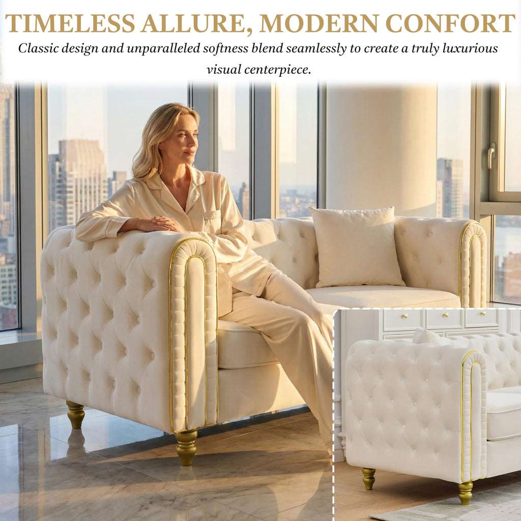 Chesterfield 63" Loveseat White Velvet Sofa, 2-Seater Couch Comfy Velvet Sofa, Button Tufted Rolled Arms and Gold