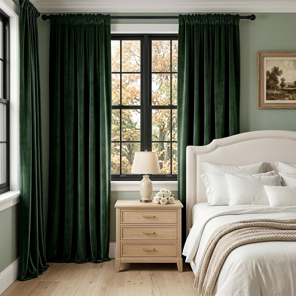 Dark Green Velvet Curtains for Bedroom Window with Back Tab, Super Soft Vintage Luxury Heavy Drapes, Room Darkening