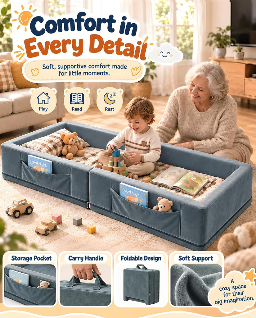 Toddler Portable Travel Bed - Foldable & Washable Floor Bed, Grey