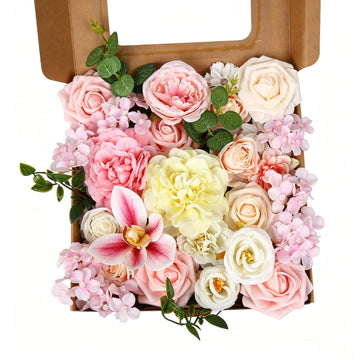 Artificial Pink Flower Box Arrangement, Fake Silk Rose Orchid Eucalyptus Greenery Floral Centerpiece, Artificial Gift