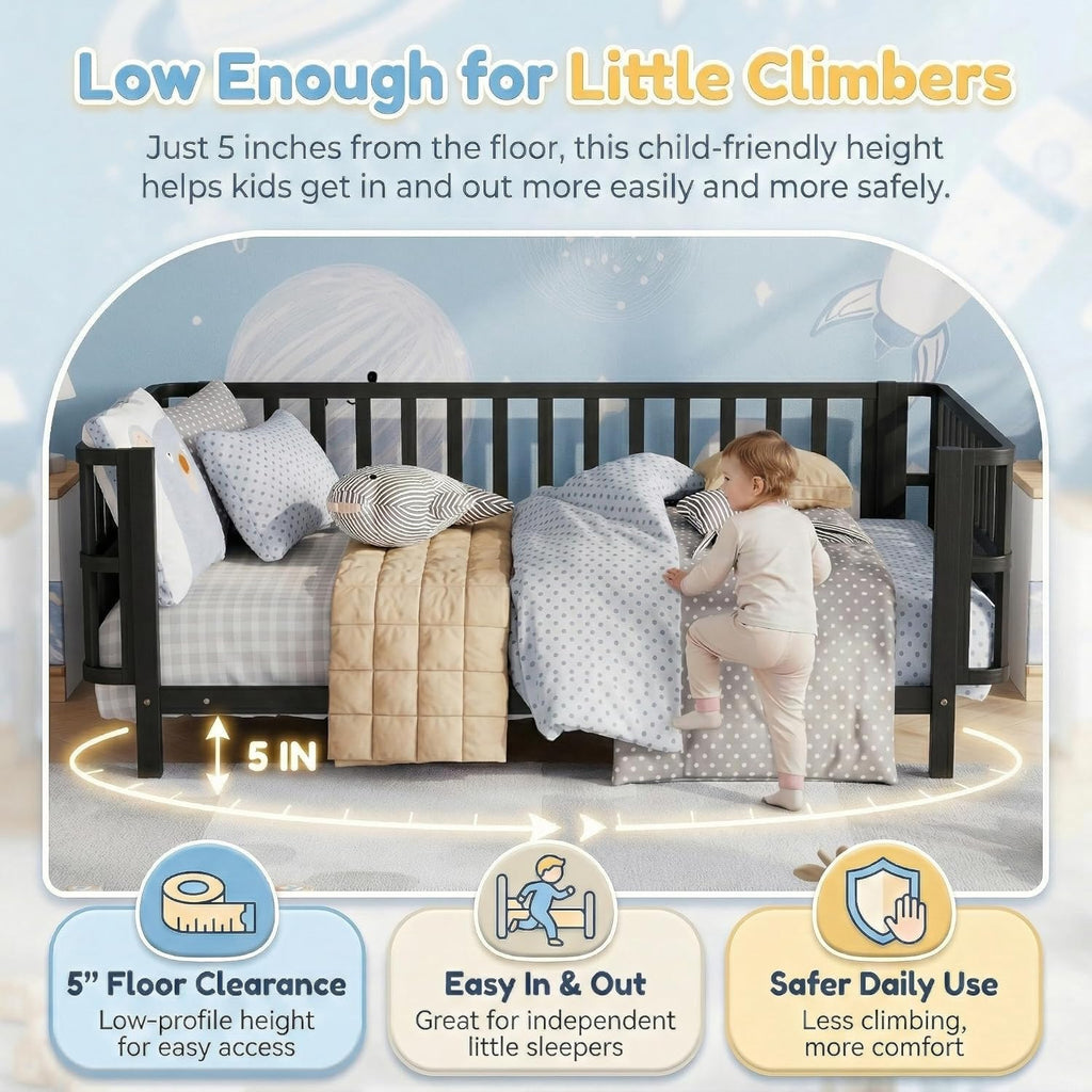 Twin Kids Bed Frame with Rails, Low Profile Montessori-Style Metal Bed for Boys Girls Teens, Removable Side Rail