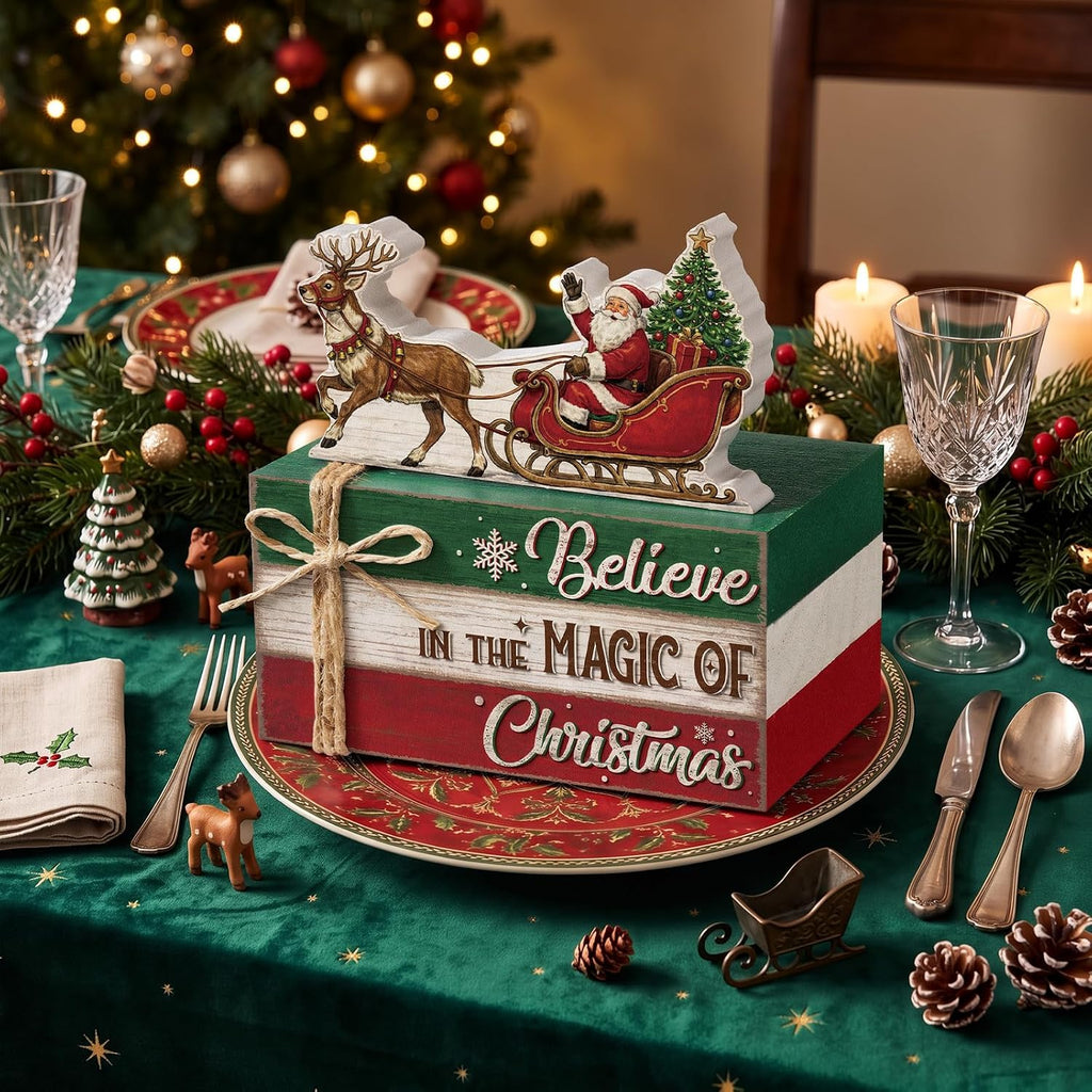 4 Pcs Christmas Santa Sleigh Table Decoration Wooden Book Stack Sign