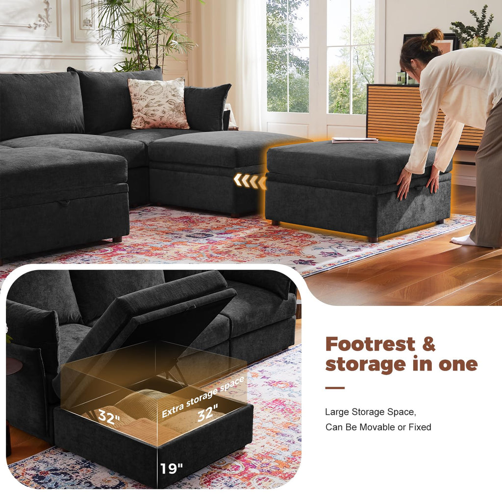 136.4" Modular Sleeper Sofa Bed, U Shaped Sectional Couch with Movable Stroage Ottoman, Large 8 Seat Corner Couches
