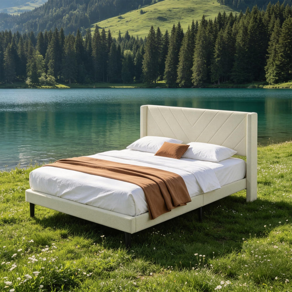 Upholstered Platform Bed Frame, Queen, White, Faux Leather, Button Tufted Headboard with Nailhead Trim, No Box Spring