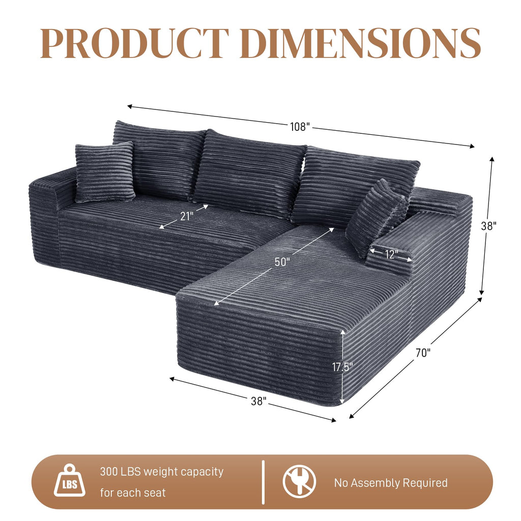 108" L Shaped Cloud Boneless Sectional Couches, Modern Comfy Modular Deep Seat Memory Foam Compressed Corduroy Sofa