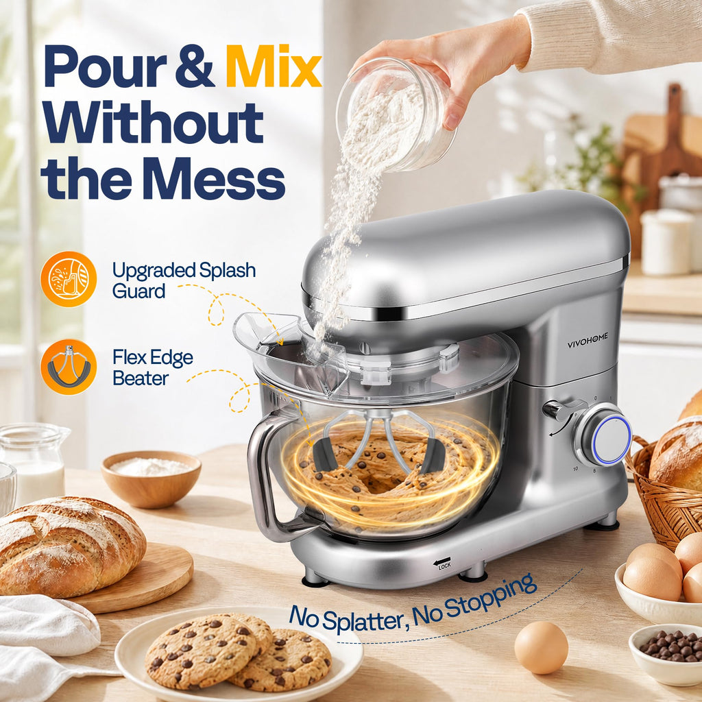 Stand Mixer, 6-Quart Tilt-Head Kitchen Mixer with Bowl, Silver