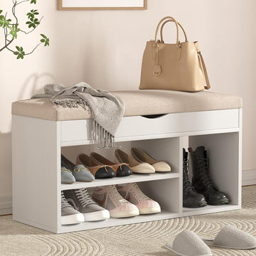 31 Inches Storage Bench with Padded Cushion, Shoe Bench with Storage Space, Upholstered Entryway Bench , 2-Tier Shoe