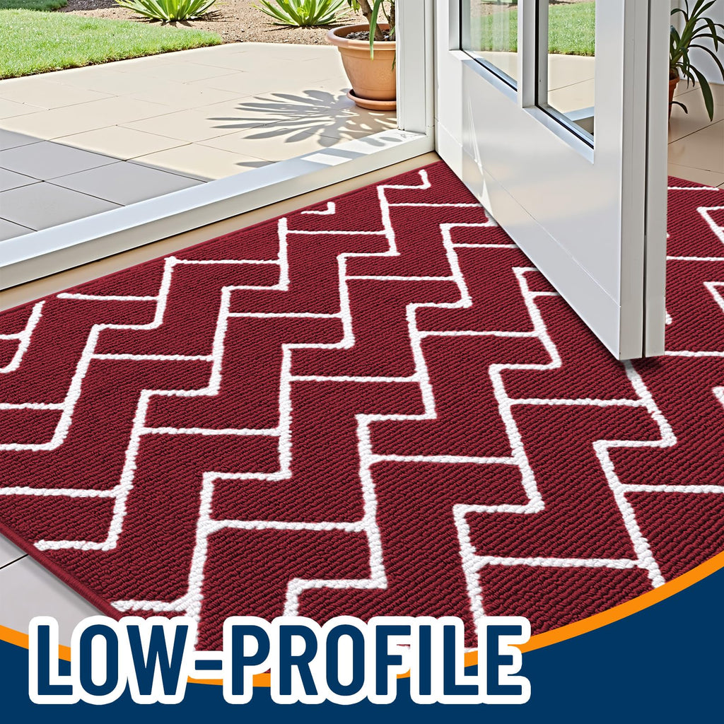 Front Door Mat 32x20, Low-Profile Easy Clean Doormat, Burgundy
