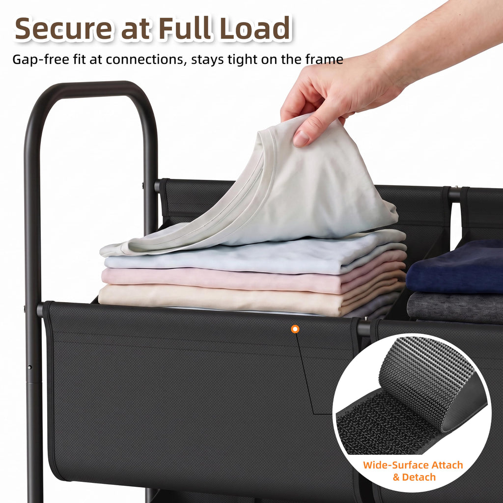 3-Tier Double Column Vertical Rolling Laundry Hamper, 6 Removable Bags, Black
