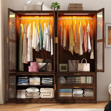 Armoire Wardrobe Closet with Sensor LED Light and Mirror
