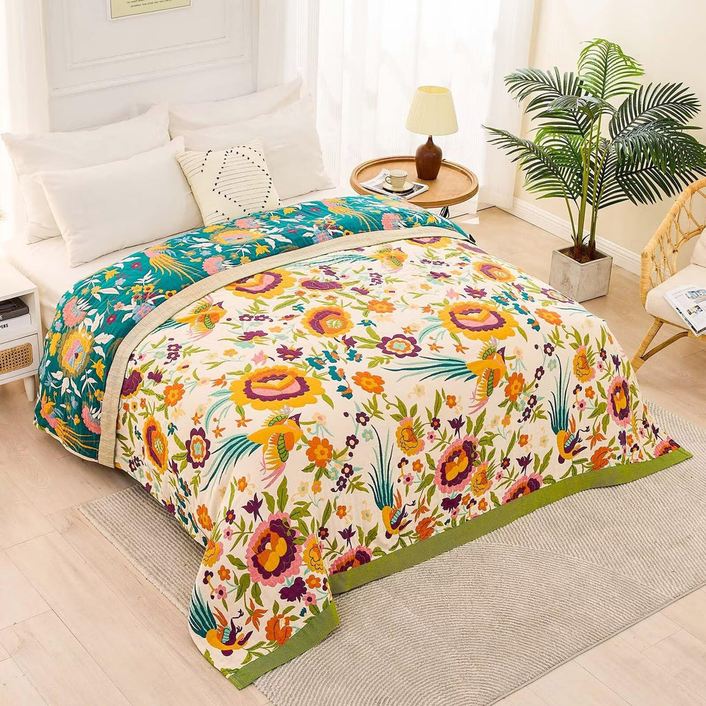 Boho Throw Blanket for Bed, 100% Cotton Soft Rustic Quilt Fall Blanket, 50"x60" Colorful Floral Printed Farmhouse