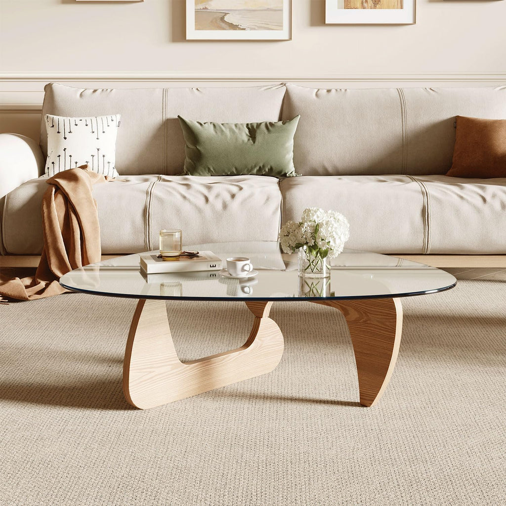 Modern Coffee Table and Small Spaces, 43.3" x 29.5" x 15.8" Triangle Tempered Glass Table Top and Eco-Friendly Solid