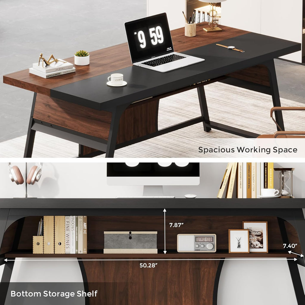 63-inch Executive Desk with Storage Shelf, Large Home Office Desk with Metal Frame & LED Light, Long Computer Desks