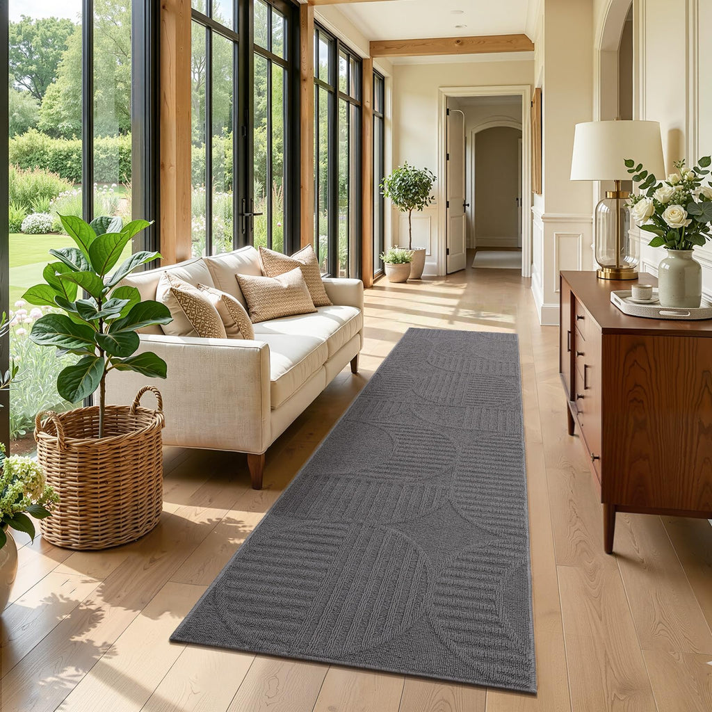 Hallway Runner Rug 2x8, Geometric High-Low Textured Runner, Gray