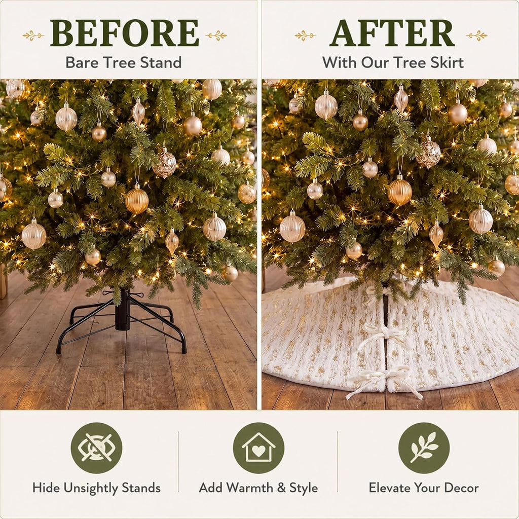 48 Inch Christmas Tree Skirt with Bows, White Faux Fur Golden Stamping on
