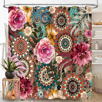 Floral Shower Curtain, Bohemian Floral Mandala Vintage Paisley Indian Medallion Colorful Boho Flower Blossom Abstract