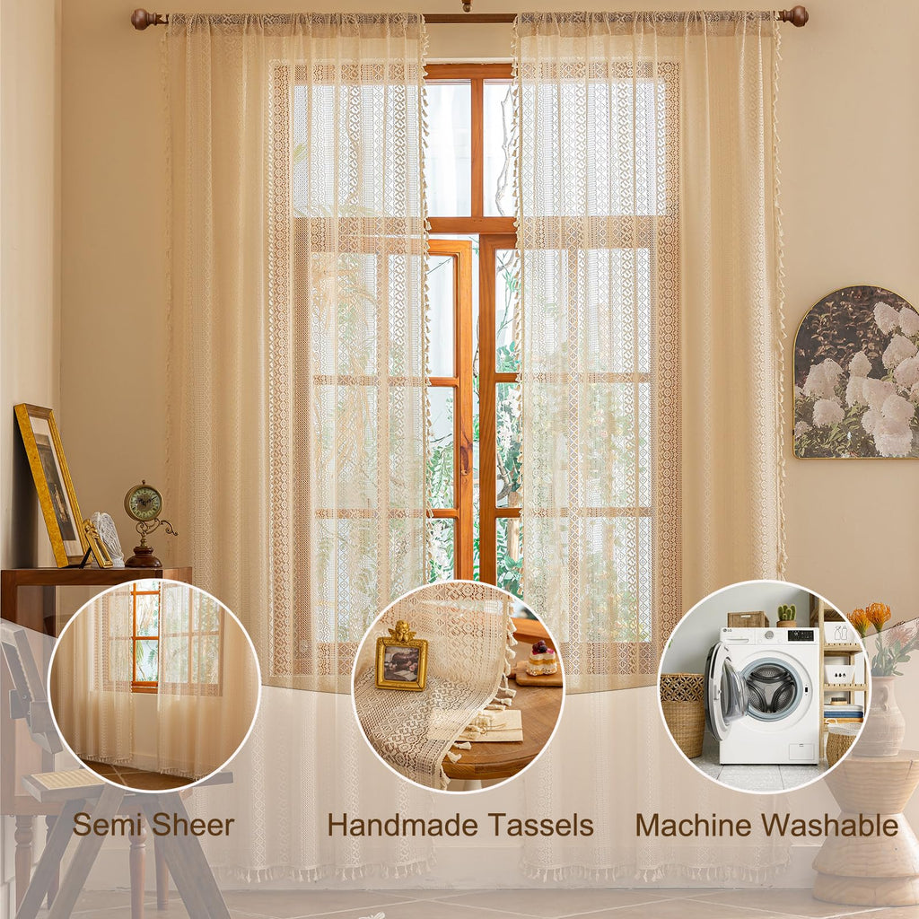 Beige Boho Lace Curtains 84 inches Long, Crochet Macrame Bohemian Drape Farmhouse Vintage Chic Tassels, Cream Sheer