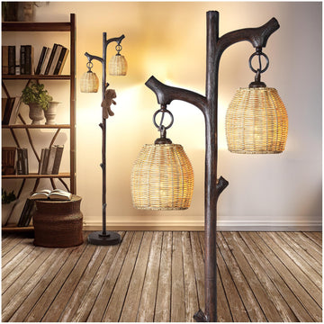 68" Tall Floor Lamp with Wicker Drum Shade, Foot Switch Dimming