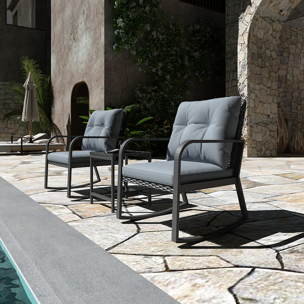 Bistro 3 Piece Patio Furniture Set, Patio Table and Rattan Outdoor Rocking Chairs Set of 2, Outdoor Bistro