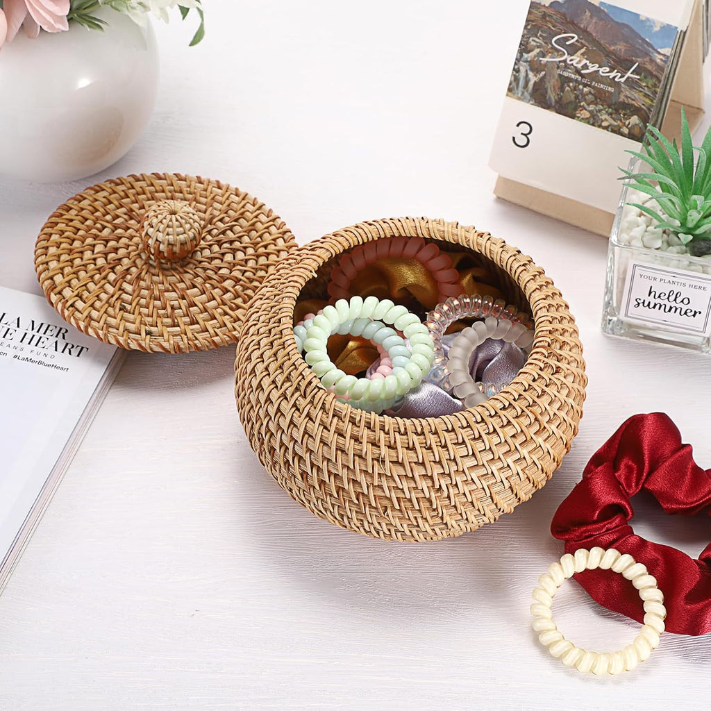 Round Rattan Basket Box with Lid Wicker Storage Baskets Bin, X-Small