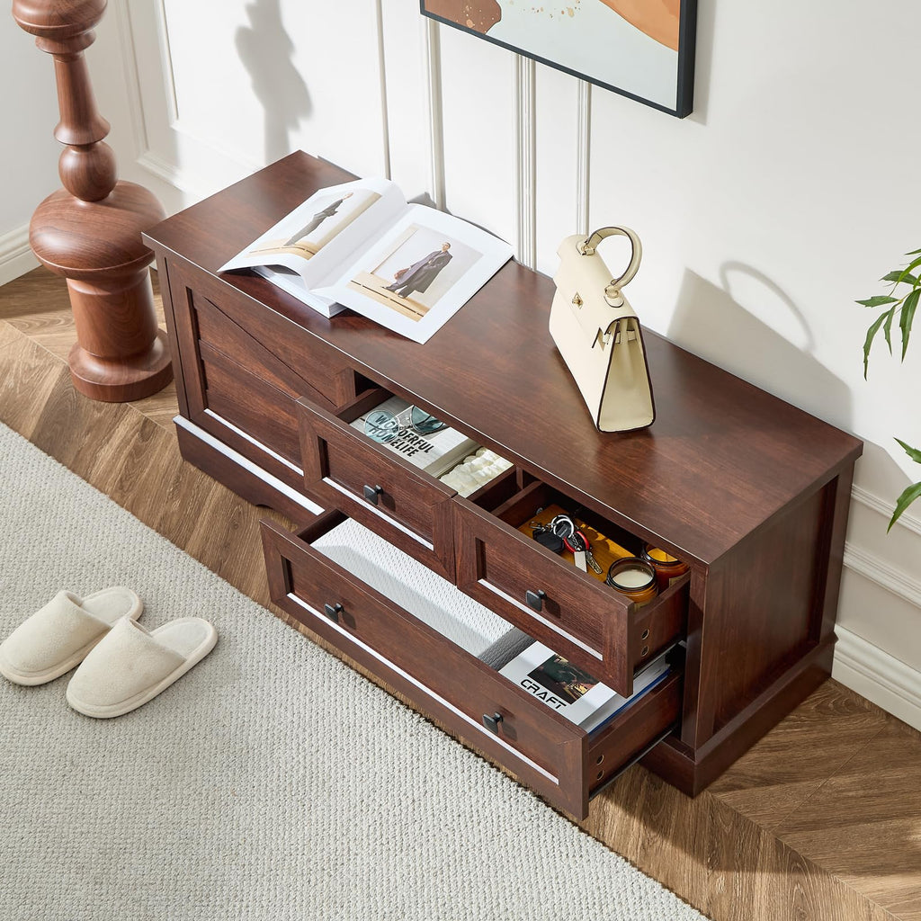 48 Inch Cherry Wood End of Bed Storage Bench, Farmhouse Bed Bench with Drawers and Cabinet, Rustic Shoe Storage Bench