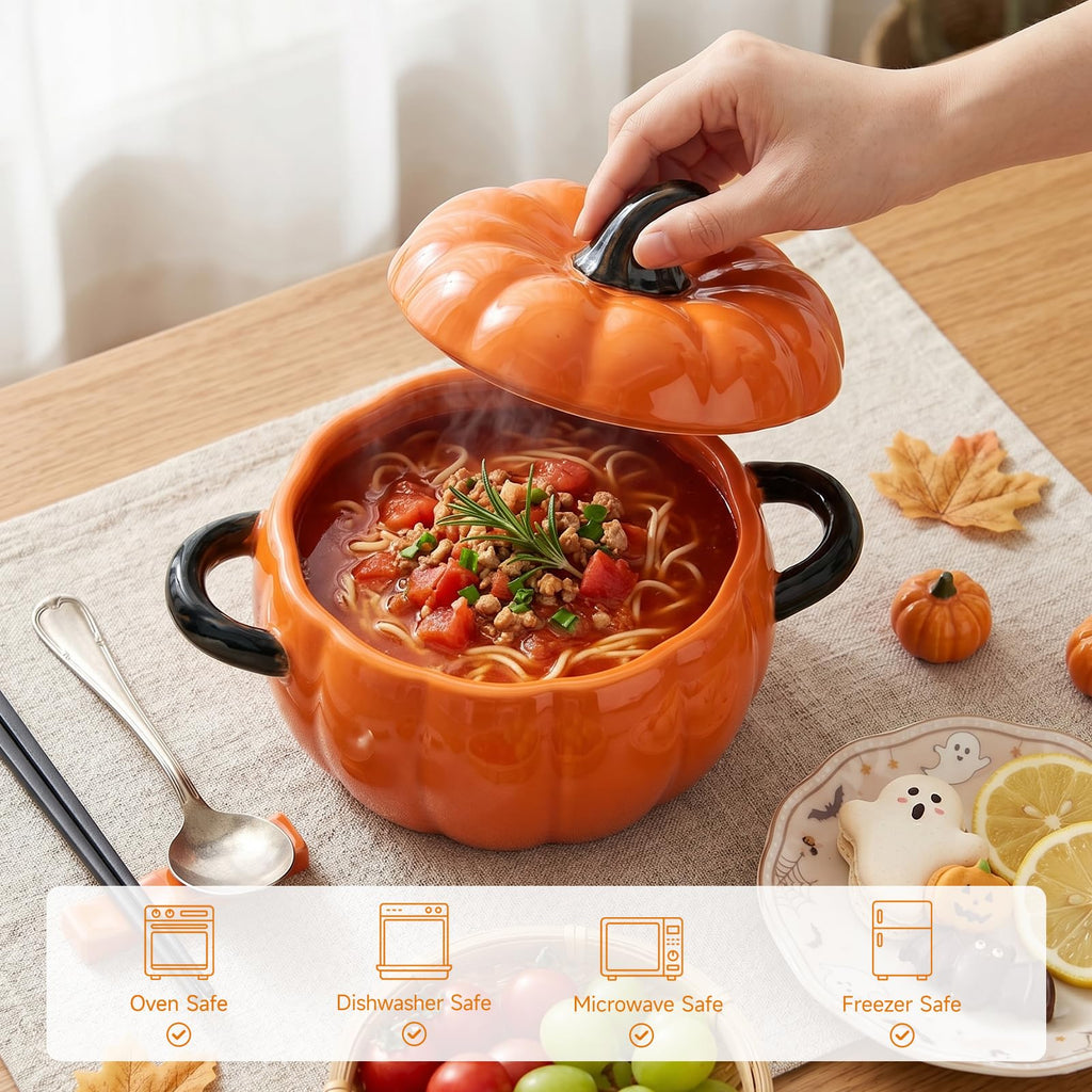 Pumpkin Soup Bowl, 64oz Ceramic Pumpkin Pot with Lid (Orange)