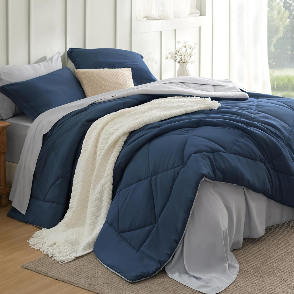 Full Comforter Set - 7 Pieces Reversible Navy Bed in a Bag Full, Full Comforter Sets for Boys for All Seasons with 1