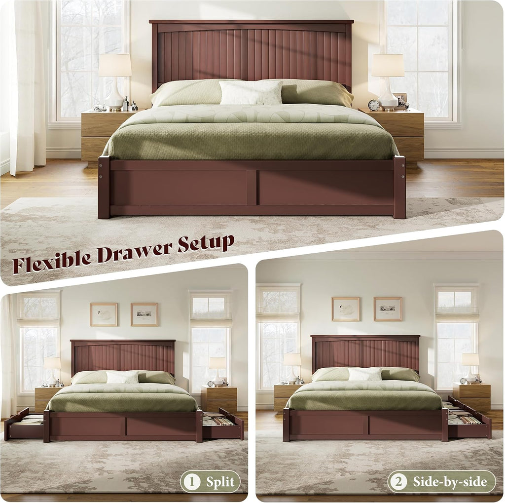 Solid Wood Queen Storage Bed Frame with 50" Headboard, Espresso