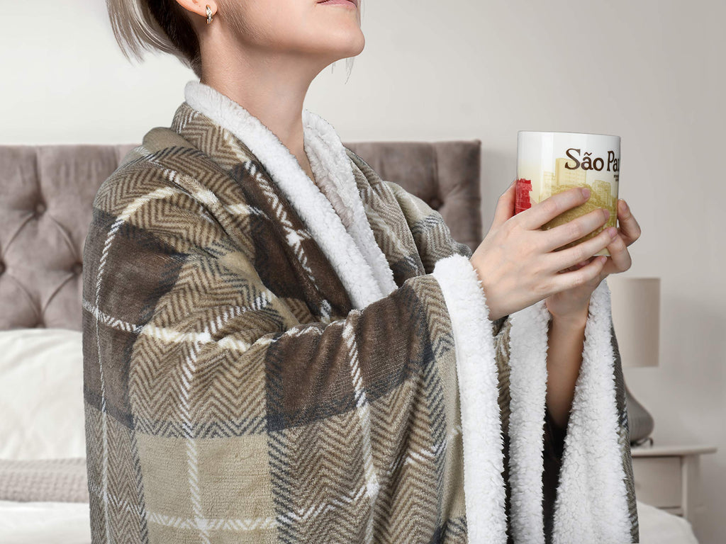 Beige Buffalo Plaid Decorative Throw TV Sherpa Blanket 50" x 60"