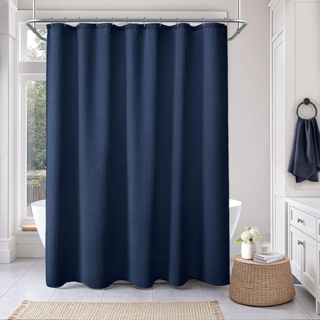Waffle Weave Shower Curtain Heavyweight Cotton Fabric Navy Blue 72Wx72L