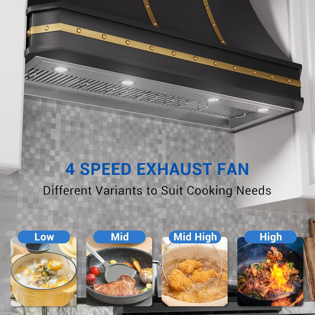 48 Inch Stainless Steel Range Hood Insert 1260 CFM 4 Speed LED Lights Dishwasher-Safe Baffle Filters