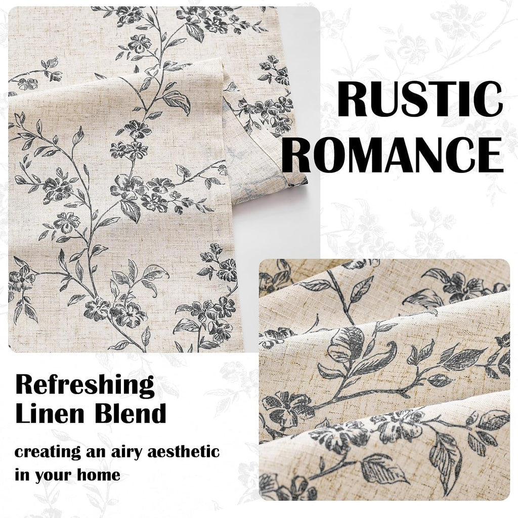 Taupe Vintage Floral Linen Curtains Farmhouse 50W X 84L 2 Panels