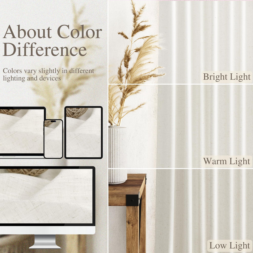 Extra Long 112 Inch Long Beige White Linen Curtains Back Tab Neutral Farmhouse Light Filtering Semi Transparent Large