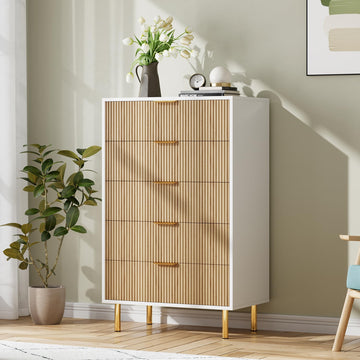 Modern Natural 5 Drawer Dresser with Gold Handles