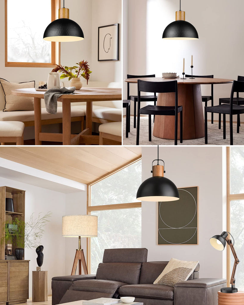 2 Pack Hammered Pendant Lights, 12" Industrial Metal Dome Hanging Lamp, Solid Wood Pendant Light Fixtures Island